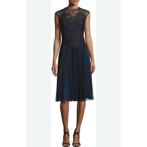 Monique Lhuillier Navy Blue & Black Mixed Lace Mesh Tulle Cocktail Dress Size 0